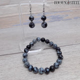 Boucles d'oreilles argentées et bracelet en obsidienne flocon de neige