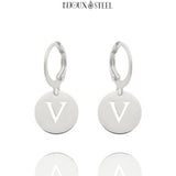Boucles d'oreilles créoles argentées à pendentif médailles lettre personnalisée en acier inoxydable