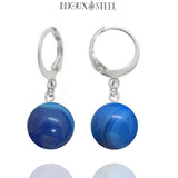 Boucles d'oreilles créoles argentées à perles d'agate bleue 10mm en acier inoxydable et pierre naturelle teintée