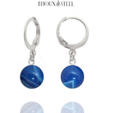 Boucles d'oreilles créoles argentées à perles d'agate bleue 8mm en pierre naturelle teintée et acier inoxydable