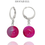 Boucles d'oreilles créoles argentées à perles d'agate magenta 10mm en pierre naturelle teintée et acier inoxydable