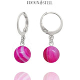 Boucles d'oreilles créoles argentées à perles d'agate magenta 8mm en acier inoxydable et pierre naturelle teintée