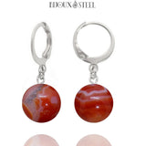 Boucles d'oreilles créoles argentées à perles d'agate rouge-brun 10mm en acier inoxydable et pierre teintée
