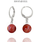 Boucles d'oreilles créoles argentées à perles d'agate rouge-brun 8mm en acier inoxydable et pierre naturelle teintée
