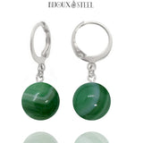 Boucles d'oreilles créoles argentées à pendentifs perles d'agate verte 10mm en pierre naturelle teintée et acier inoxydable