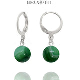 Boucles d'oreilles créoles argentées à pendentifs perles d'agate verte 8mm en acier inoxydable et pierre naturelle teintée