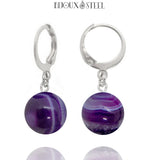 Boucles d'oreilles créoles argentées à pendentifs perles d'agate violette 10mm en acier inoxydable et pierre naturelle teintée