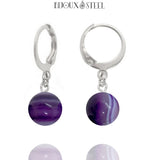 Boucles d'oreilles créoles argentées à pendentifs perles d'agate violette 8mm en pierre naturelle teintée et acier inoxydable