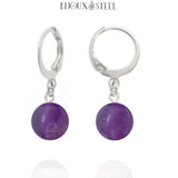 Boucles d'oreilles créoles argentées à perles d'améthyste 8mm en acier inoxydable et pierre naturelle