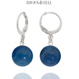 Boucles d'oreilles créoles argentées à perles d'apatite bleue 10mm en pierre naturelle et acier inoxydable 