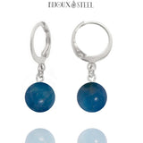 Boucles d'oreilles créoles argentées à perles d'apatite bleue 8mm en acier inoxydable et pierre naturelle