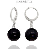 Boucles d'oreilles créoles argentées à perles d'obsidienne noire 10mm en acier inoxydable et pierre naturelle