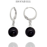 Boucles d'oreilles créoles argentées à perles d'obsidienne noire 8mm en pierre naturelle et acier inoxydable