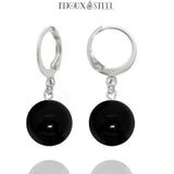 Boucles d'oreilles créoles argentées à perles d'onyx noir 10mm en pierre naturelle et acier inoxydable