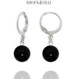 Boucles d'oreilles créoles argentées à perles d'onyx noir 8mm en acier inoxydable et pierre naturelle