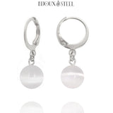 Boucles d'oreilles créoles argentées à perles de sélénite 8mm en acier inoxydable et pierre naturelle