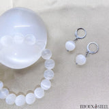 Boucles d'oreilles anneaux argentés et bracelet en perles de sélénite pierre naturelle