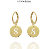 Boucles d'oreilles créoles dorées à pendentif médailles lettre personnalisée en acier inoxydable