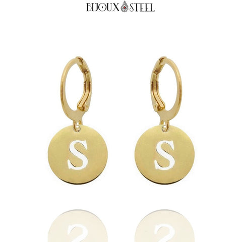 Boucles d'oreilles créoles dorées à pendentif médailles lettre personnalisée en acier inoxydable