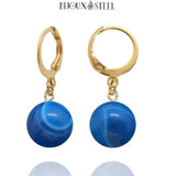 Boucles d'oreilles créoles dorées à perles d'agate bleue 10mm en acier inoxydable et pierre naturelle teintée