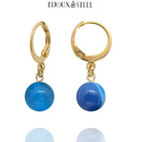 Boucles d'oreilles créoles dorées à perles d'agate bleue 8mm en pierre naturelle teintée et acier inoxydable