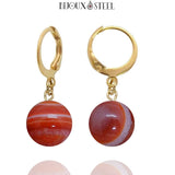 Boucles d'oreilles créoles dorées à perles d'agate rouge-brun 10mm en acier inoxydable et pierre teintée