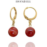 Boucles d'oreilles créoles dorées à perles d'agate rouge-brun 8mm en acier inoxydable et pierre naturelle teintée