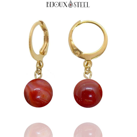 Boucles d'oreilles créoles dorées à perles d'agate rouge-brun 8mm en acier inoxydable et pierre naturelle teintée