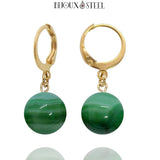 Boucles d'oreilles créoles dorées à pendentifs perles d'agate verte 10mm en pierre naturelle teintée et acier inoxydable