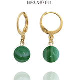 Boucles d'oreilles créoles dorées à pendentifs perles d'agate verte 8mm en acier inoxydable et pierre naturelle teintée