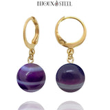 Boucles d'oreilles créoles dorées à pendentifs perles d'agate violette 10mm en acier inoxydable et pierre naturelle teintée