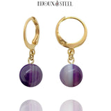 Boucles d'oreilles créoles dorées à pendentifs perles d'agate violette 8mm en pierre naturelle teintée et acier inoxydable