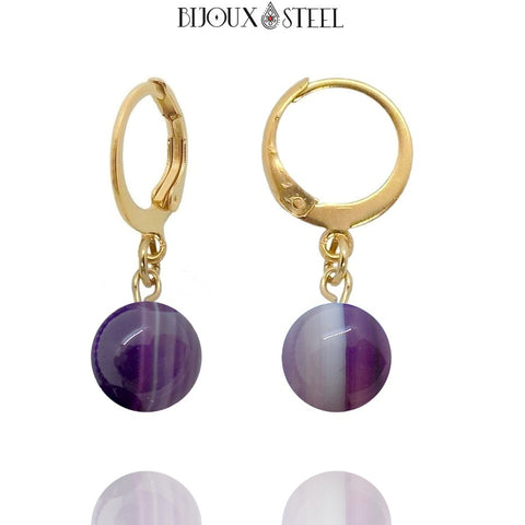 Boucles d'oreilles créoles dorées à pendentifs perles d'agate violette 8mm en pierre naturelle teintée et acier inoxydable