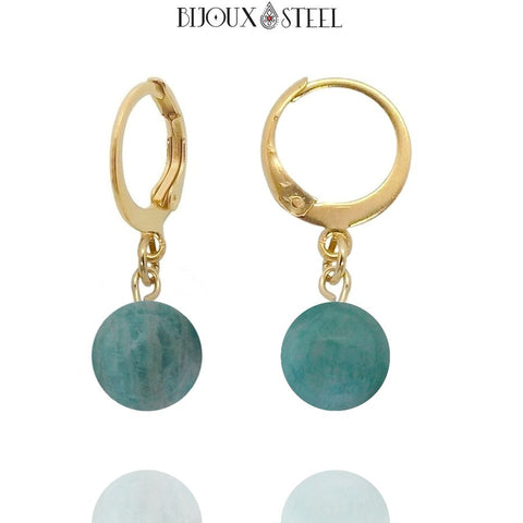 Boucles d'oreilles créoles dorées à perles d'amazonite 8mm en acier inoxydable et pierre naturelle