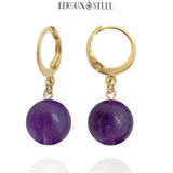 Boucles d'oreilles créoles dorées à perles d'améthyste 10mm en pierre naturelle et acier inoxydable