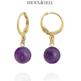 Boucles d'oreilles créoles dorées à perles d'améthyste 8mm en acier inoxydable et pierre naturelle