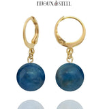 Boucles d'oreilles créoles dorées à perles d'apatite bleue 10mm en pierre naturelle et acier inoxydable 