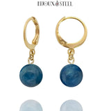 Boucles d'oreilles créoles dorées à perles d'apatite bleue 8mm en acier inoxydable et pierre naturelle