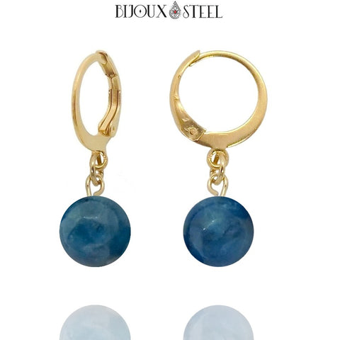 Boucles d'oreilles créoles dorées à perles d'apatite bleue 8mm en acier inoxydable et pierre naturelle