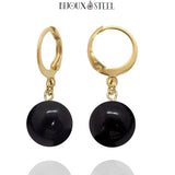 Boucles d'oreilles créoles dorées à perles d'obsidienne noire 10mm en acier inoxydable et pierre naturelle
