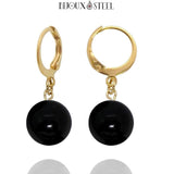 Boucles d'oreilles créoles dorées à perles d'onyx noir 10mm en pierre naturelle et acier inoxydable
