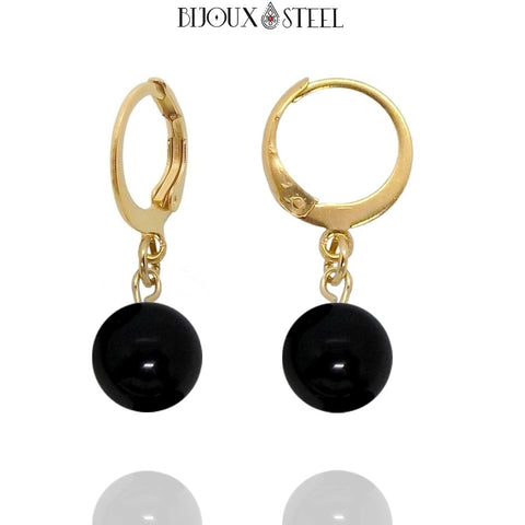 Boucles d'oreilles créoles dorées à perles d'onyx noir 8mm en acier inoxydable et pierre naturelle