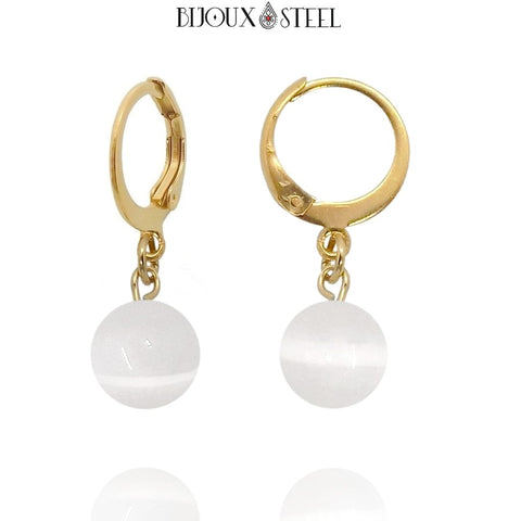 Boucles d'oreilles créoles dorées à perles de sélénite 8mm en acier inoxydable et pierre naturelle