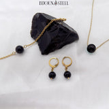 Boucles d'oreilles créoles et bijoux dorés en acier inoxydable et pierre d'obsidienne noire