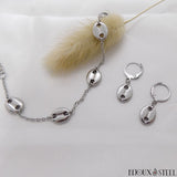 Boucles d'oreilles créoles et bracelet argentés grains de café en acier inoxydable