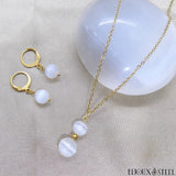 Boucles d'oreilles anneaux et collier à pendentif dorés en perles de sélénite pierre naturelle et acier inoxydable