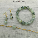 Boucles d'oreilles dorées et bracelets en prehnite pierre naturelle et acier inoxydable