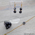 Boucles d'oreilles et bracelet dorés en obsidienne flocon de neige