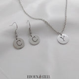 Boucles d'oreilles et collier argentés médailles initiales personnalisées en acier inoxydable