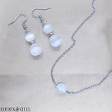 Boucles d'oreilles pendantes et collier argentés en perles de sélénite pierre naturelle et acier inoxydable
